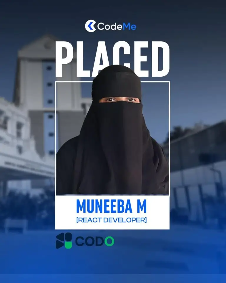 AI-integrated placement assistance at CodeMe Hub helping students secure careers in Data Science, Digital Marketing, MERN Stack, Python Full Stack, UI/UX, Flutter, AI & ML, and Business Analytics through industry-focused training and placement support.