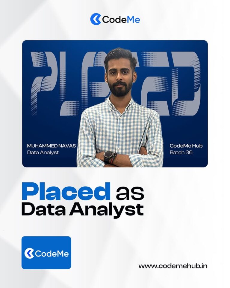 AI-integrated placement assistance at CodeMe Hub helping students secure careers in Data Science, Digital Marketing, MERN Stack, Python Full Stack, UI/UX, Flutter, AI & ML, and Business Analytics through industry-focused training and placement support.