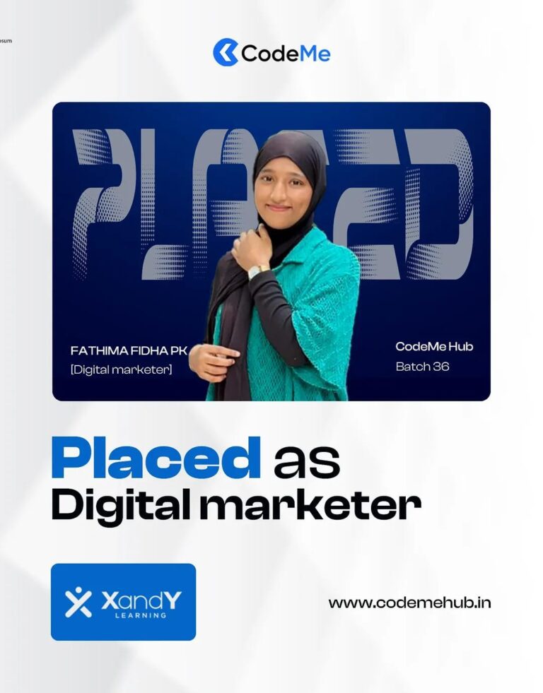 AI-integrated placement assistance at CodeMe Hub helping students secure careers in Data Science, Digital Marketing, MERN Stack, Python Full Stack, UI/UX, Flutter, AI & ML, and Business Analytics through industry-focused training and placement support.