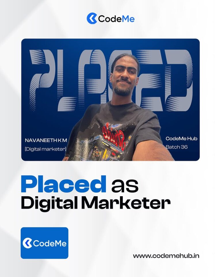 AI-integrated placement assistance at CodeMe Hub helping students secure careers in Data Science, Digital Marketing, MERN Stack, Python Full Stack, UI/UX, Flutter, AI & ML, and Business Analytics through industry-focused training and placement support.