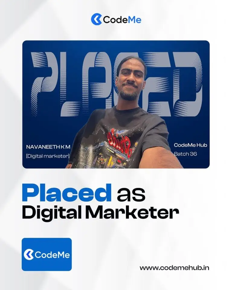 AI-integrated placement assistance at CodeMe Hub helping students secure careers in Data Science, Digital Marketing, MERN Stack, Python Full Stack, UI/UX, Flutter, AI & ML, and Business Analytics through industry-focused training and placement support.