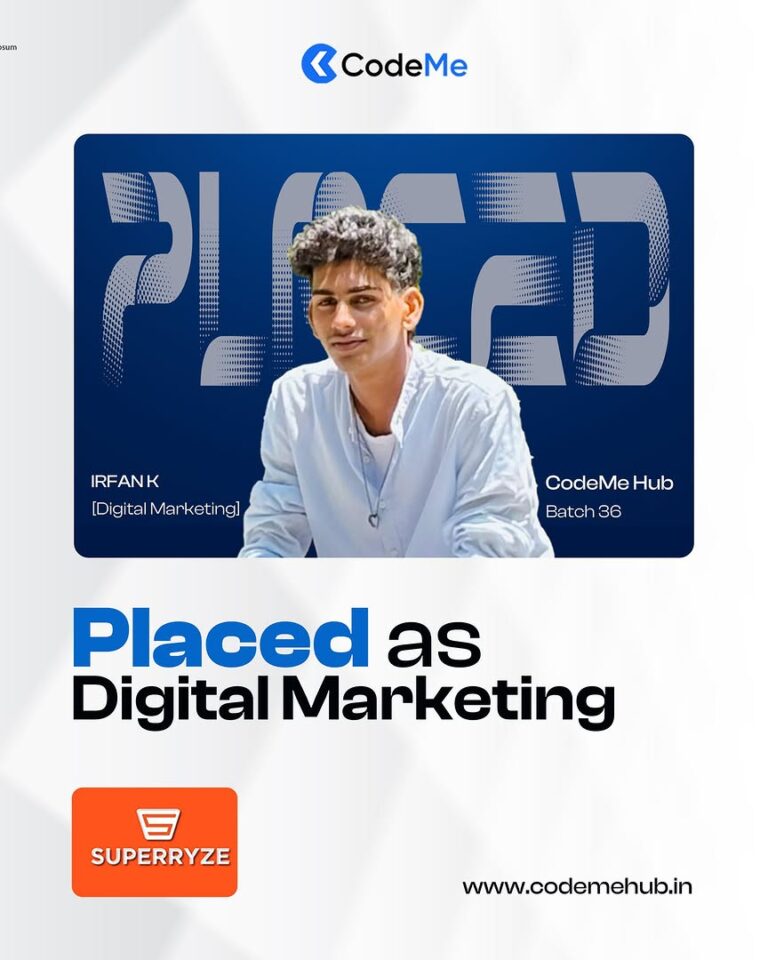 AI-integrated placement assistance at CodeMe Hub helping students secure careers in Data Science, Digital Marketing, MERN Stack, Python Full Stack, UI/UX, Flutter, AI & ML, and Business Analytics through industry-focused training and placement support.