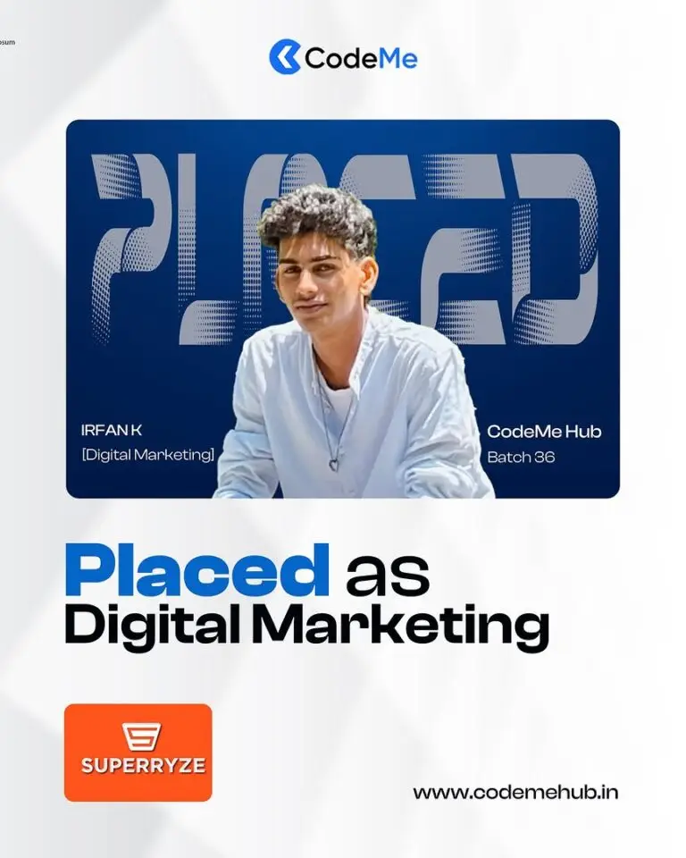 AI-integrated placement assistance at CodeMe Hub helping students secure careers in Data Science, Digital Marketing, MERN Stack, Python Full Stack, UI/UX, Flutter, AI & ML, and Business Analytics through industry-focused training and placement support.